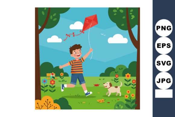 Boy Flying Red Kite with Dog Illustration Review