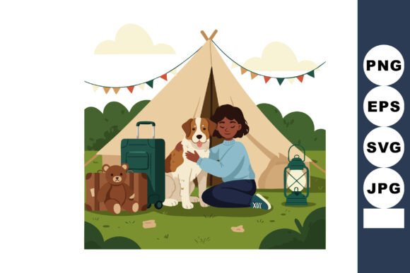 Child Hugging Dog Near Camping Tent