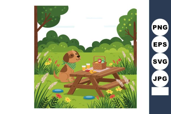 Dog Sitting Near Picnic Table with Basket