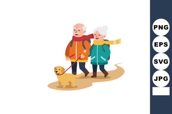 Elderly Couple Walking Dog on Path
