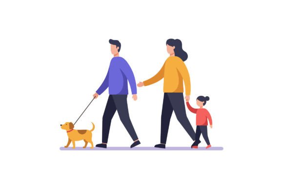 Family Walking a Dog in a Playful Atmos