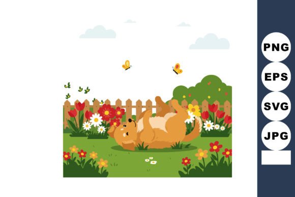Playful Dog Rolling on Grass Surrounded